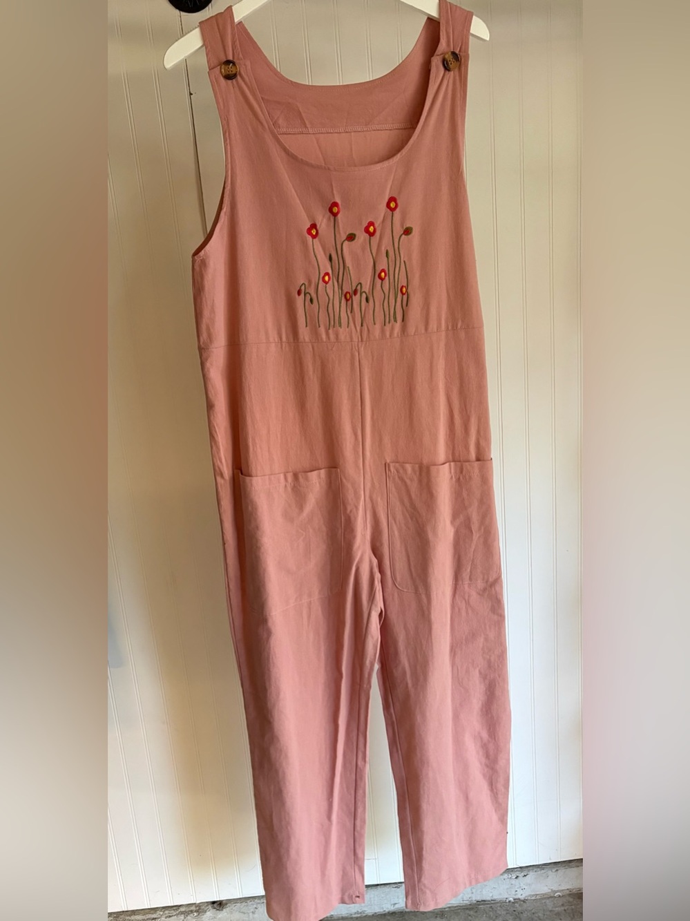 100% COTTON Overalls SMALL ✨ floral embroidered loose fit pink jumpsuit like new